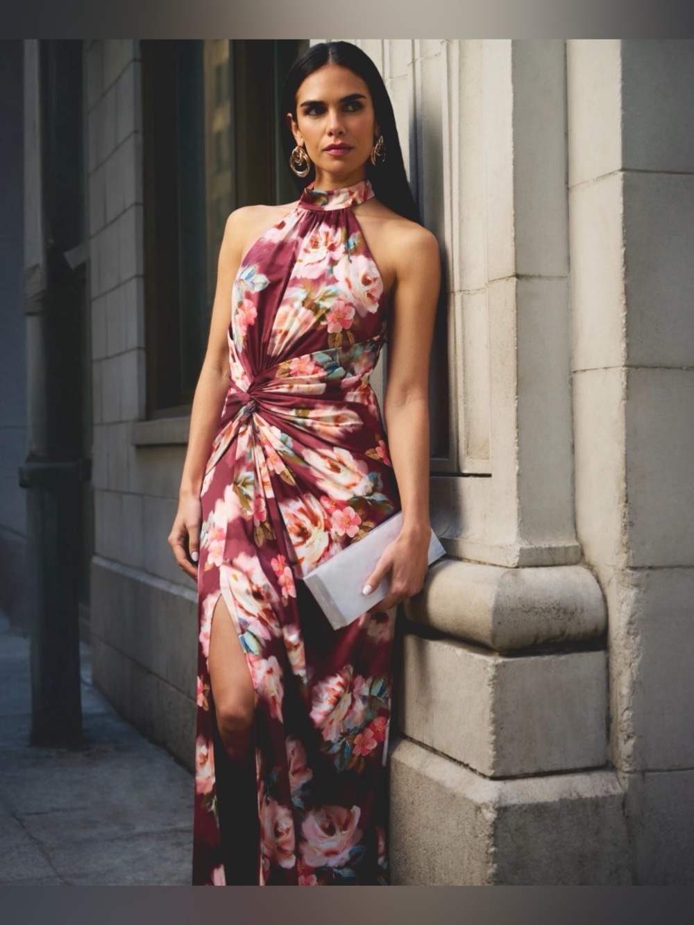Adrianna Papell Floral Satin Twist Waist Halter Gown Brown Multi NWT - Picture 2 of 12